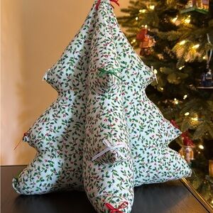Vintage Hand Made 3D Tree Pillow with Holly Print Holiday Decor Cottage Core